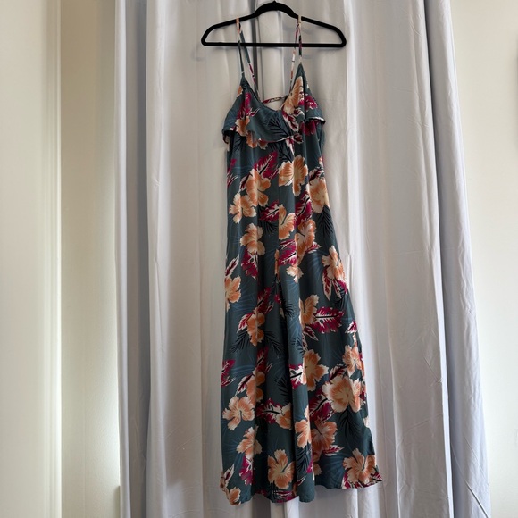 Roxy Tropical Floral Ruffle Wide Leg Jumpsuit Open Back Green Peach Womens Small - Picture 2 of 13